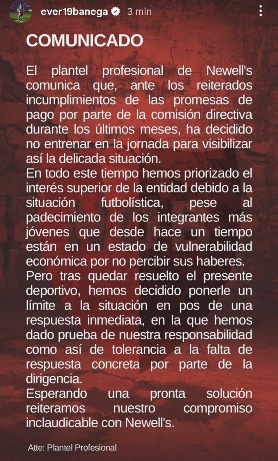 banega comunicado paro newells